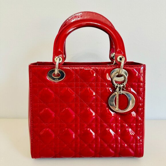 CHRISTIAN DIOR TWO-WAY LADY DIOR PATENT LEATHER TOTE SHOULDER BAG RED - Picture 3 of 16